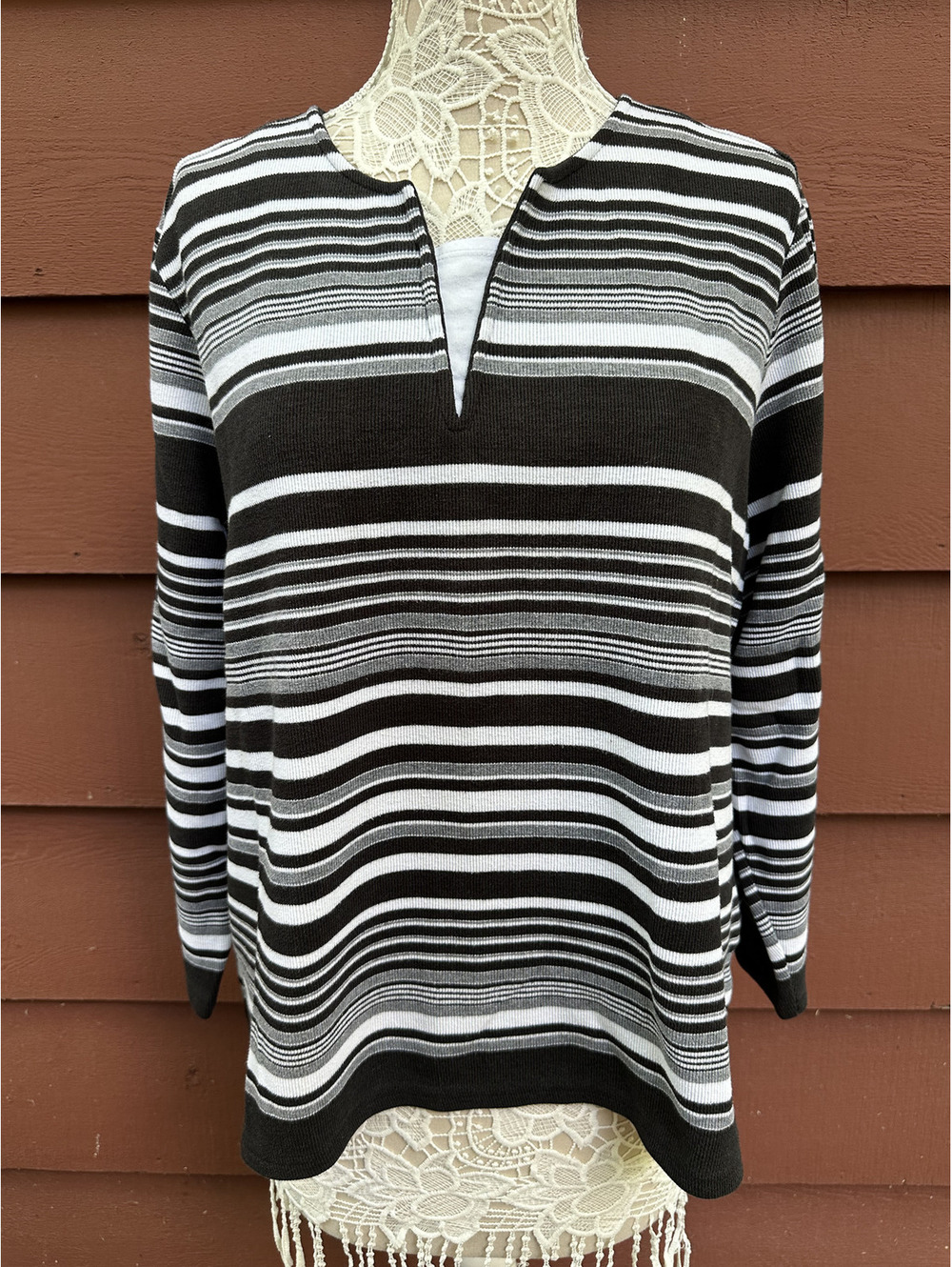 Studio Works Black and White Striped Split Neck Knit‎ Top
